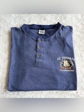 Vintage St Thomas Shirt Tee Mens Large Navy Virgin Islands Henley Striped Boat
